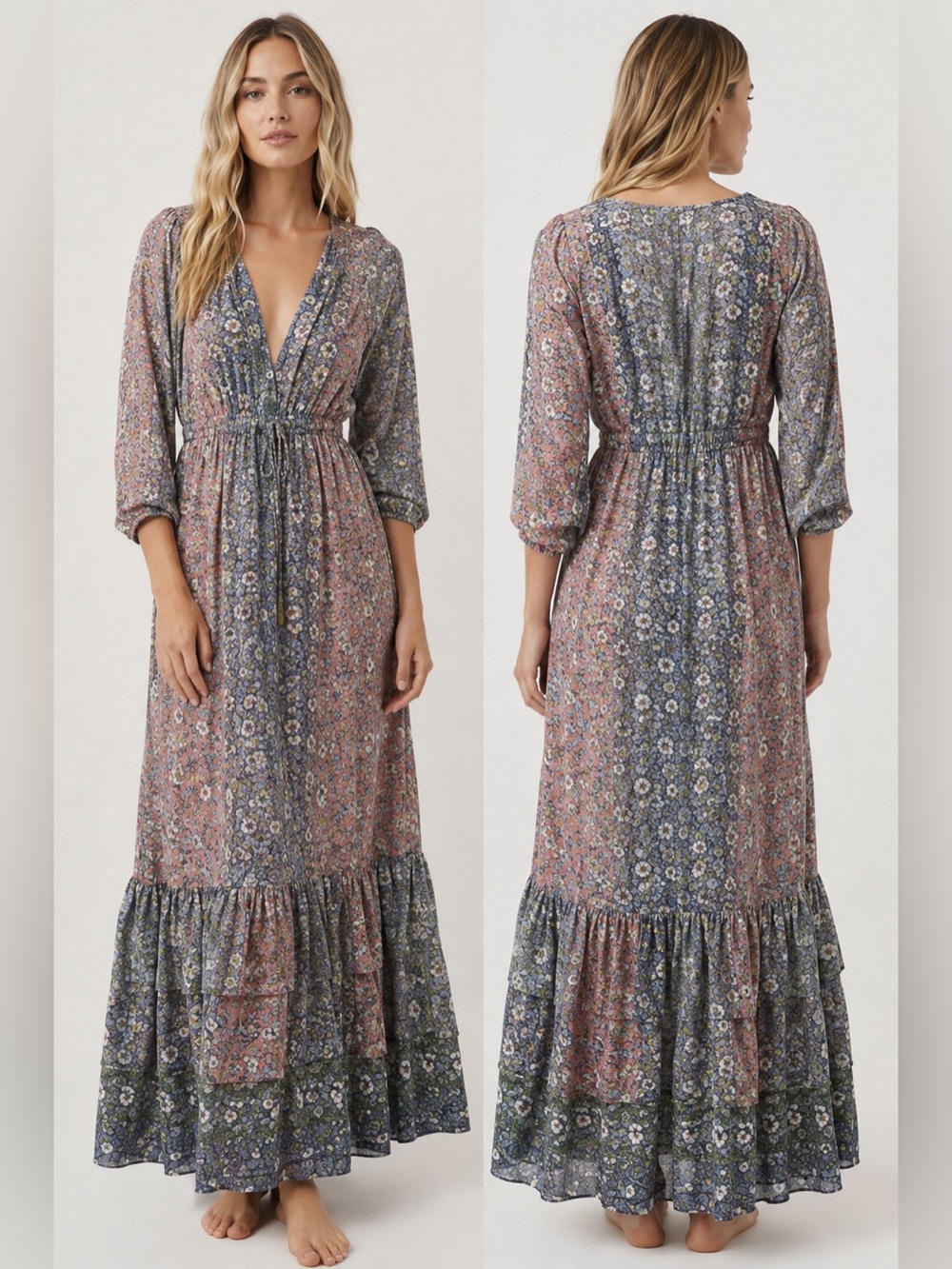 Boemo Floral Boho Maxi Dress M Long Sleeve Tiered Tassel Prairie Anthropologie